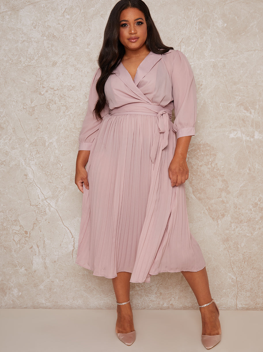Plus Size Long Sleeve V Neck Pleated Wrap Dress in Pink – Chi Chi London